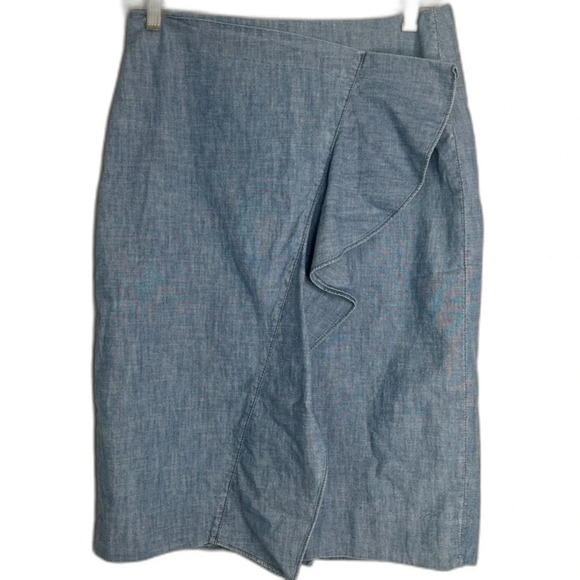 J Crew Denim Chambray Front Slant Ruffle 100% Cotton Pencil Skirt Sz 4 - Picture 8 of 8